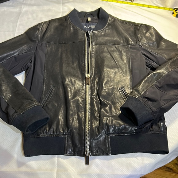 Armani Jeans Leather Jacket Mens Large Navy Blue - Picture 1 of 8